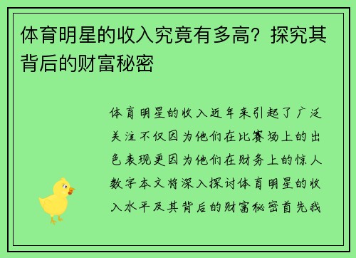 体育明星的收入究竟有多高？探究其背后的财富秘密